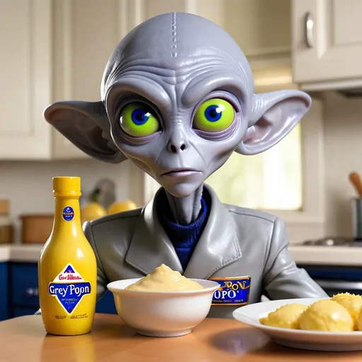 Prompt: A grey alien doing an ad for Grey Poupon
