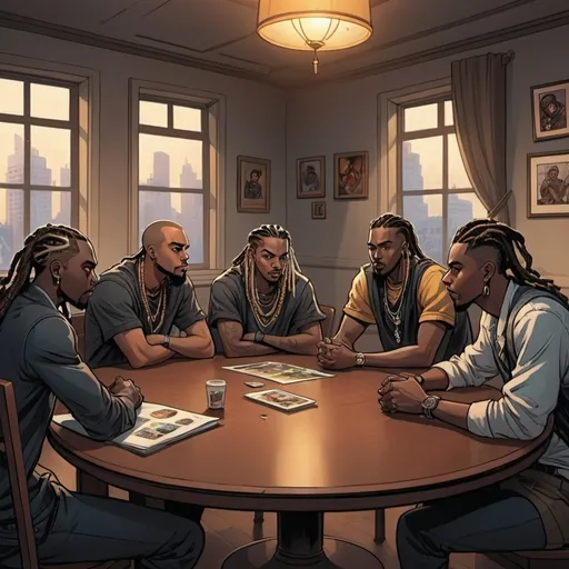 Prompt: Cartoon a group of young black gangster 
men with dread locs sitting around a table in a room with windows and a lamp on the ceiling and a painting of them, Edi Rama, serial art, league of legends, a comic book panel