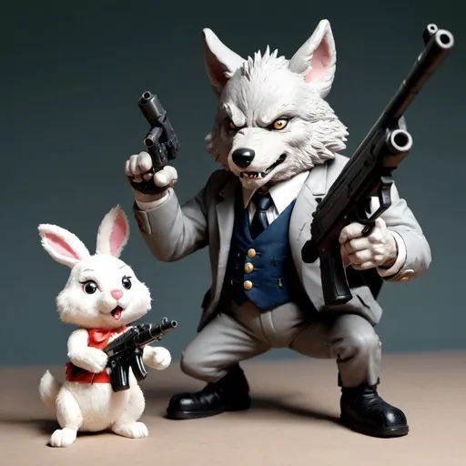 Prompt: A wolf that is a general, pointing a big gun at a small bunny