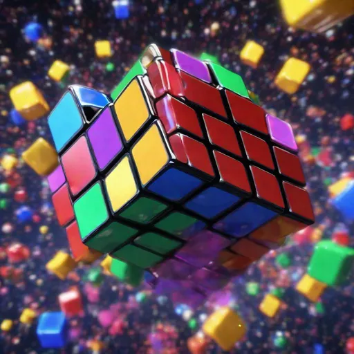 Prompt: Giant colorful liquid Rubik's cube floating in space amongst a dense sprinkling of stars, 4k, octane render