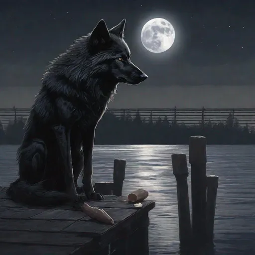 Prompt: A black wolf dog with pointy ears sitting on a moonlit pier at night eating a bone