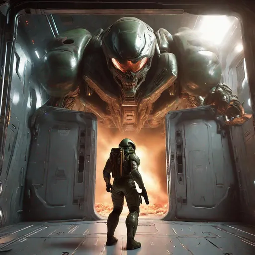 Prompt: Doom guy protagonist shooting down a futuristic door in an alien space ship with a giant shotgun, cell shaded, realistic, 4k, octane render