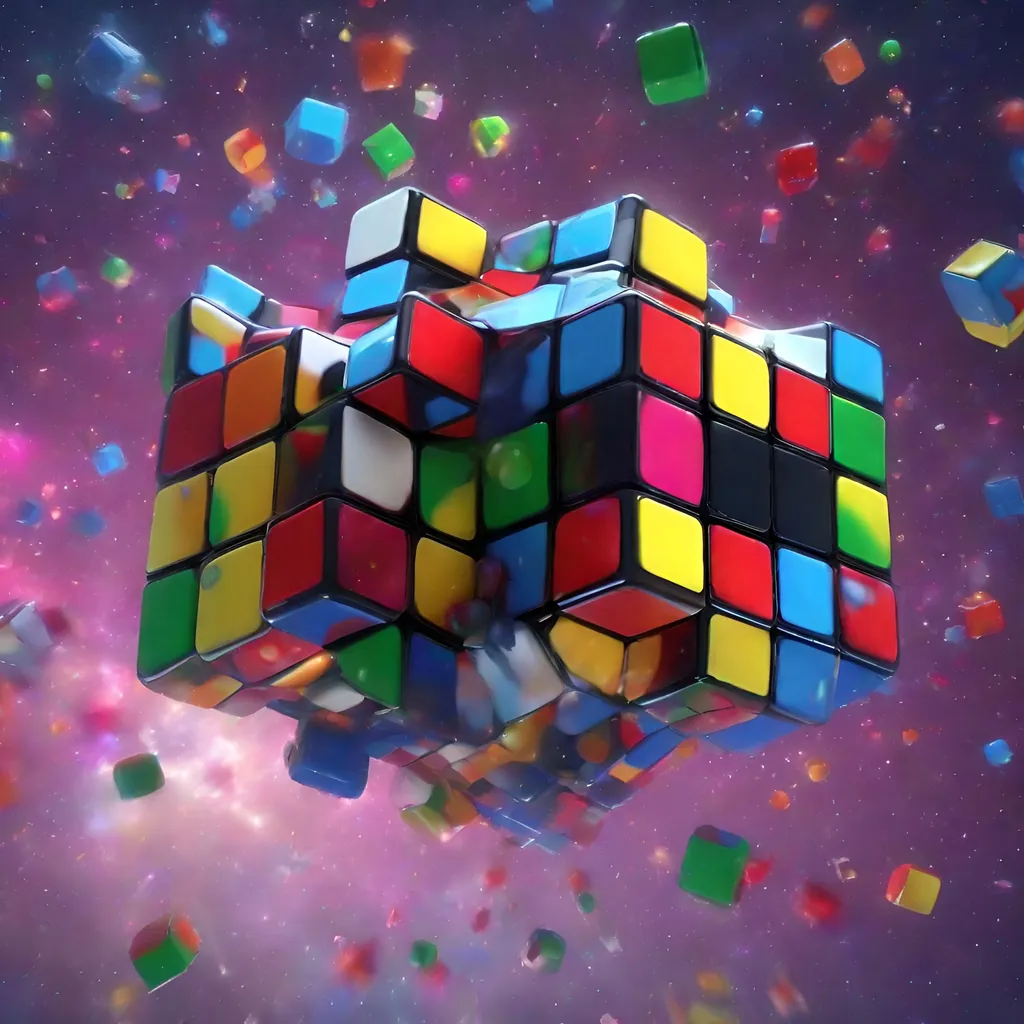 Prompt: Giant colorful liquid Rubik's cube floating in space amongst a dense sprinkling of stars, 4k, octane render