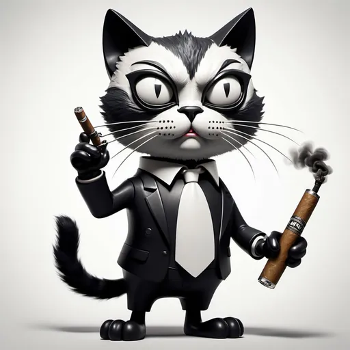 Prompt: An anthropomorphic representation of a cat with human characteristics. The cat is standing upright on its hind legs, displaying black and white fur and smoking a cigar. It should seem vigilant and defensive, sporting a serious expression on its face. The cat is holding a stylized action movie machine gun in its paws. Its stance suggests that it is prepared for some impending danger, demonstrating bravery and readiness. The background contains a dystopian cityscape, further emphasizing the danger and tension in the scene. It is wearing a yellow and black shirt with the letters ctz on the front and a kevlar helmet.