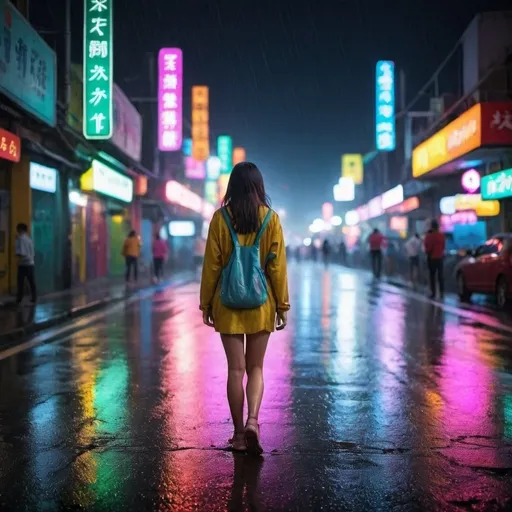 Prompt: A girl is on the road at night time and colorful lights and small rain.