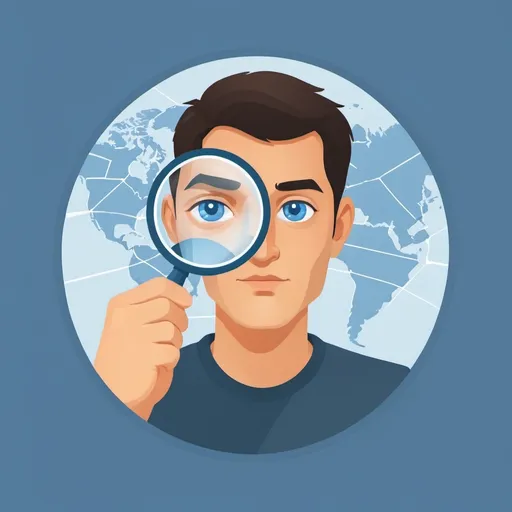 Prompt: a man holding a magnifying glass in front of his face in a blue circle, magnifying glass, your personal data avatar, looking for clues, magnification, profile picture 1024px, zoomed in, entire person visible, svg illustration, investigation, icon for an ai app, clipart icon, avatar image, favicon, magnified, avatar for website, flat illustration, highly details content, focus on map, avoid duplicate images, monocular