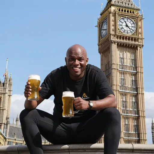 Prompt: black bald man sitting on top of the big ben with a beer with his mum