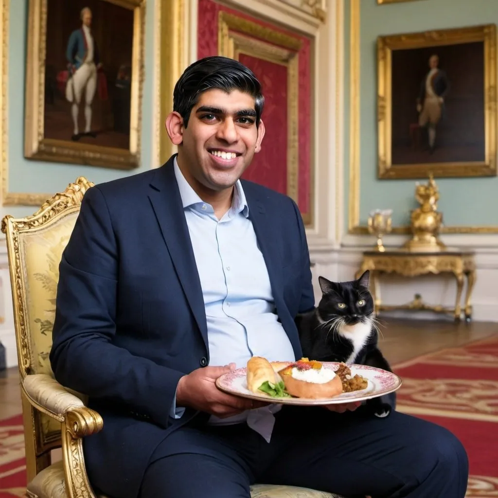 Prompt: fat man eating a cat in buckingham palace with rishi sunak