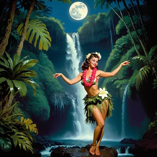 Prompt: 1960s pin up model Hawaiian dancing girl with lei, Kauai island jungle scene, waterfall under full moon, long shot, highres, detailed, vintage, lush greenery, dreamy waterfall, moonlit atmosphere, retro, exotic, tropical, vibrant colors, enchanting lighting