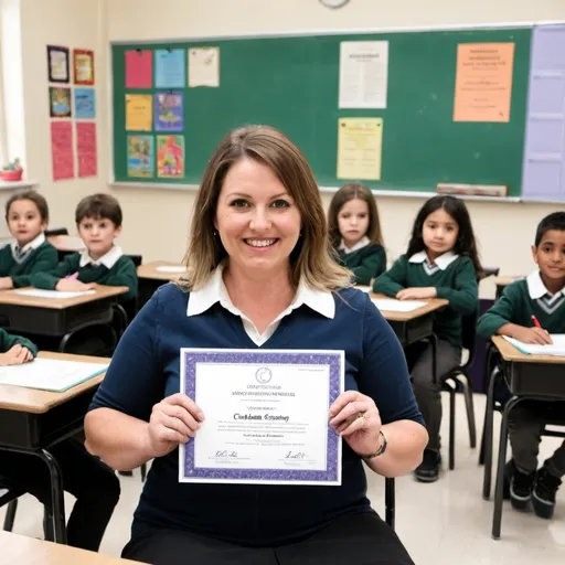 Prompt: photo of a teacher holding a certificate in a classroom with children at their desks

