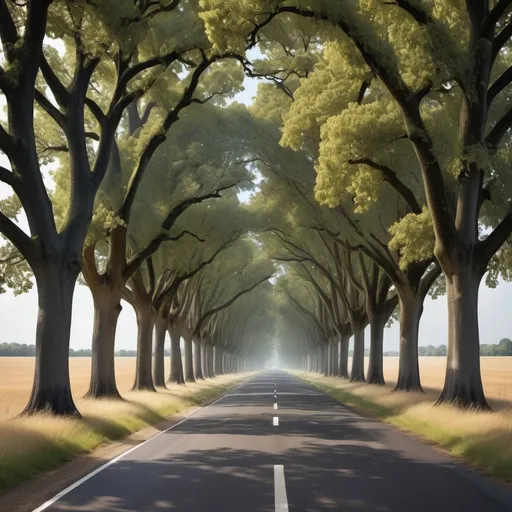 Prompt: Please create an image of a road with oak trees lining each side of the road.