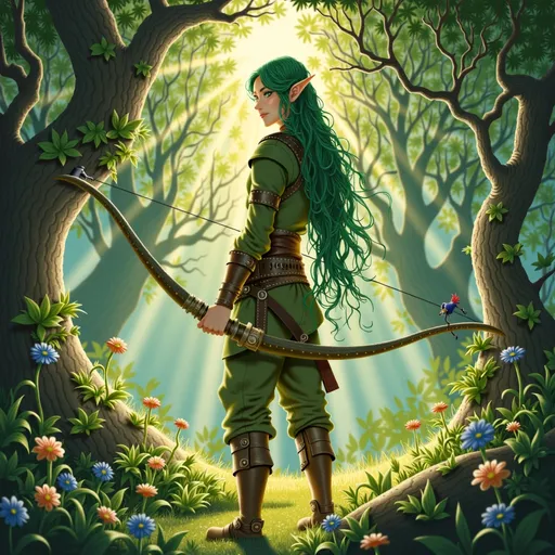 Prompt: Elf ranger in a mystical forest around sunlight
