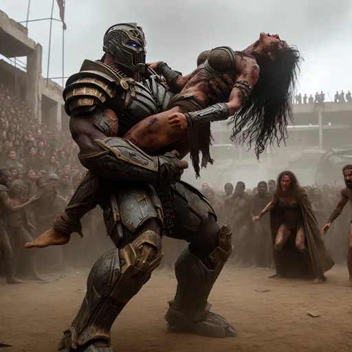 Prompt: wide shot, wide lens, cinematic, action shot, sleek. dusty, debris, destroyed city people watching darkseid (armored, large) and a amazon princess dressed like wonder woman (30yo, muscular, dirty, gritty, damage, bruises). Darkseid with one hand has hold and lifts, displays of the top of black hair of wonderwoman. Wonderwoman reacts with her head tilted back, expressionless with eyes shut, defeated, fatigued, convulsing.