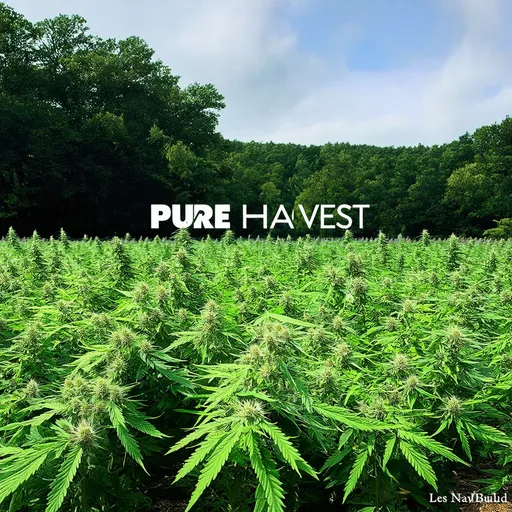 Prompt: a field of marijuana plants with the words pure harvest over it in a forest setting with a barn in the background, David Budd, les nabis, organic, poster art