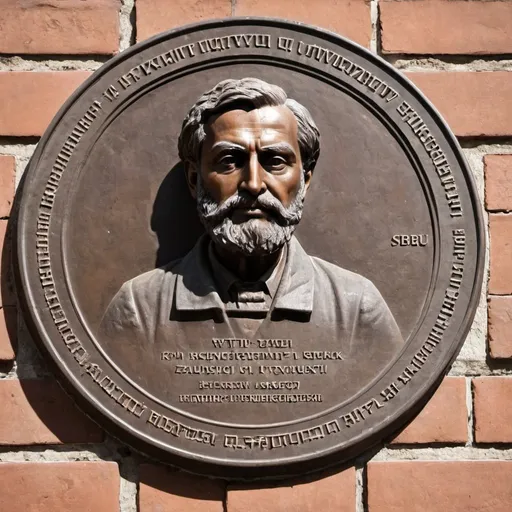 Prompt: On the brick wall of the ancient university, a bronze plaque with the name of the scientist. Above SPbGU За вклод в науку. Ayush Batzorig: with the inscription.