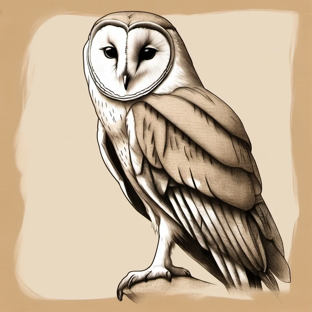 Prompt: sketch dgiant giant common barn owl, whole body, on light brown paper, pencil detail texture