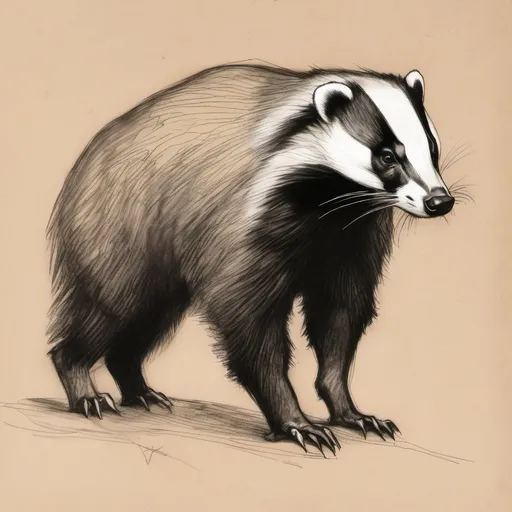 Prompt: sketch dgiant giant badger, whole body, on light brown paper, pencil detail texture