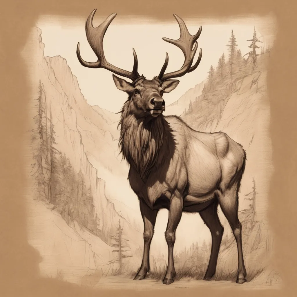 Prompt: sketch dgiant elk,on light brown paper.world of warcraft art, pencil detail texture