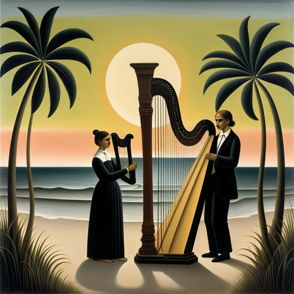 Prompt: A harp with two gender-neutral people holding it from both sides on the beach in the midst of a beautiful horrible sundown, painted by Henri Rousseau