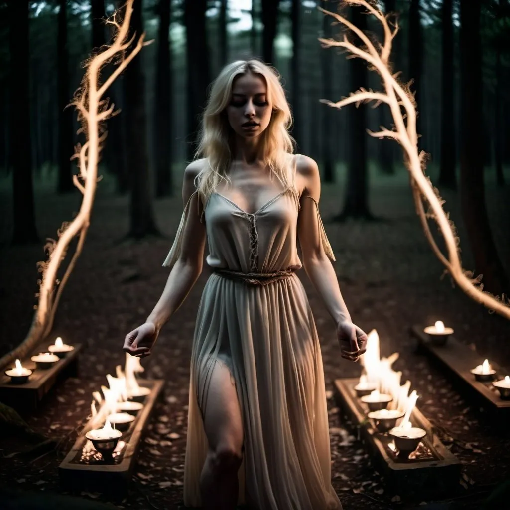 Prompt: blonde, young, woman dancing alone in a dark forest doing a ritual