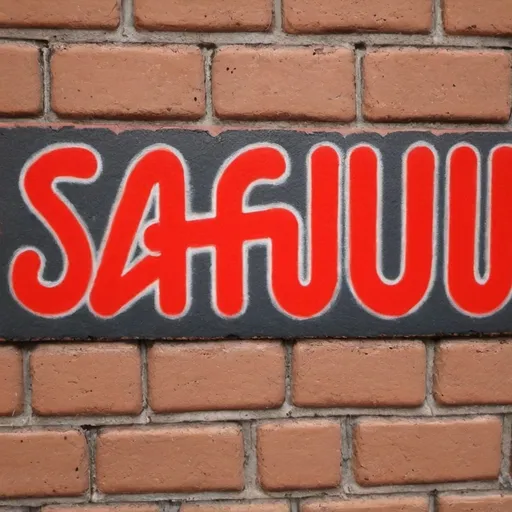 Prompt: A painting on a brick wall with "SAFUU" written on it 