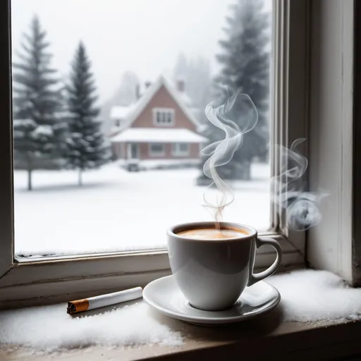 Prompt: A white window sill, a cup of coffee on it, and a smoldering white cigarette beside the cup, snow outside the window