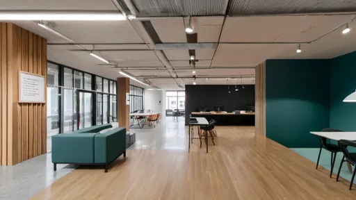 Prompt: an office space with similar colours and materials of Black Kite Offices by Bureau de Change Architects. The space should use appropriate colours to be comfortable and inviting and promote productivity.