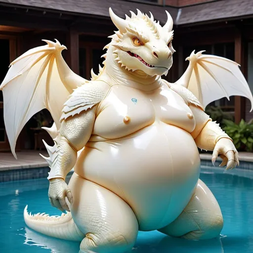 Prompt: Male White Dragon, Bodysuit, Latex, Wet, Obese, Vibrant Lighting, highres, Joyful, crossed arms, proud, strong, tight bodysuit, pooltoy, inflatable, inflated dragon