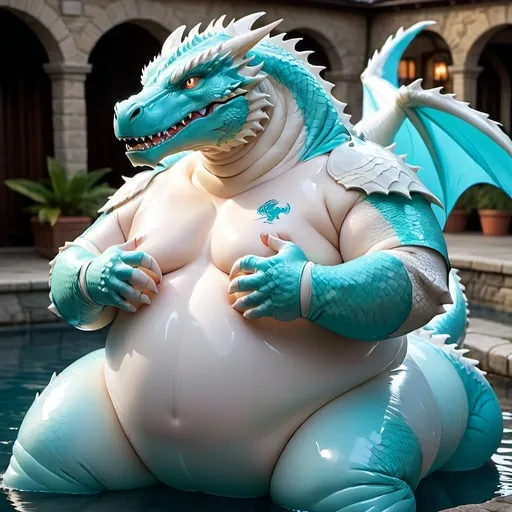Prompt: Male White Dragon, Bodysuit, Latex, Wet, Obese, Vibrant Lighting, highres, Joyful, crossed arms, proud, strong, tight bodysuit, pooltoy, inflatable, inflated dragon