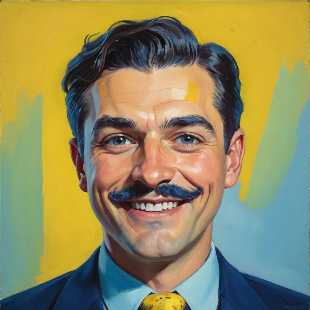 Prompt: Image of a man in a suit and tie with a saccharine smile on his face, with a yellow shirt and blue tie, Cristache Gheorghiu, fauvism, character portrait, a character portrait