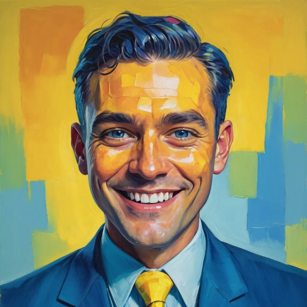 Prompt: Image of a man in a suit and tie with a saccharine smile on his face, with a yellow shirt and blue tie, fauvism, character portrait, a character portrait