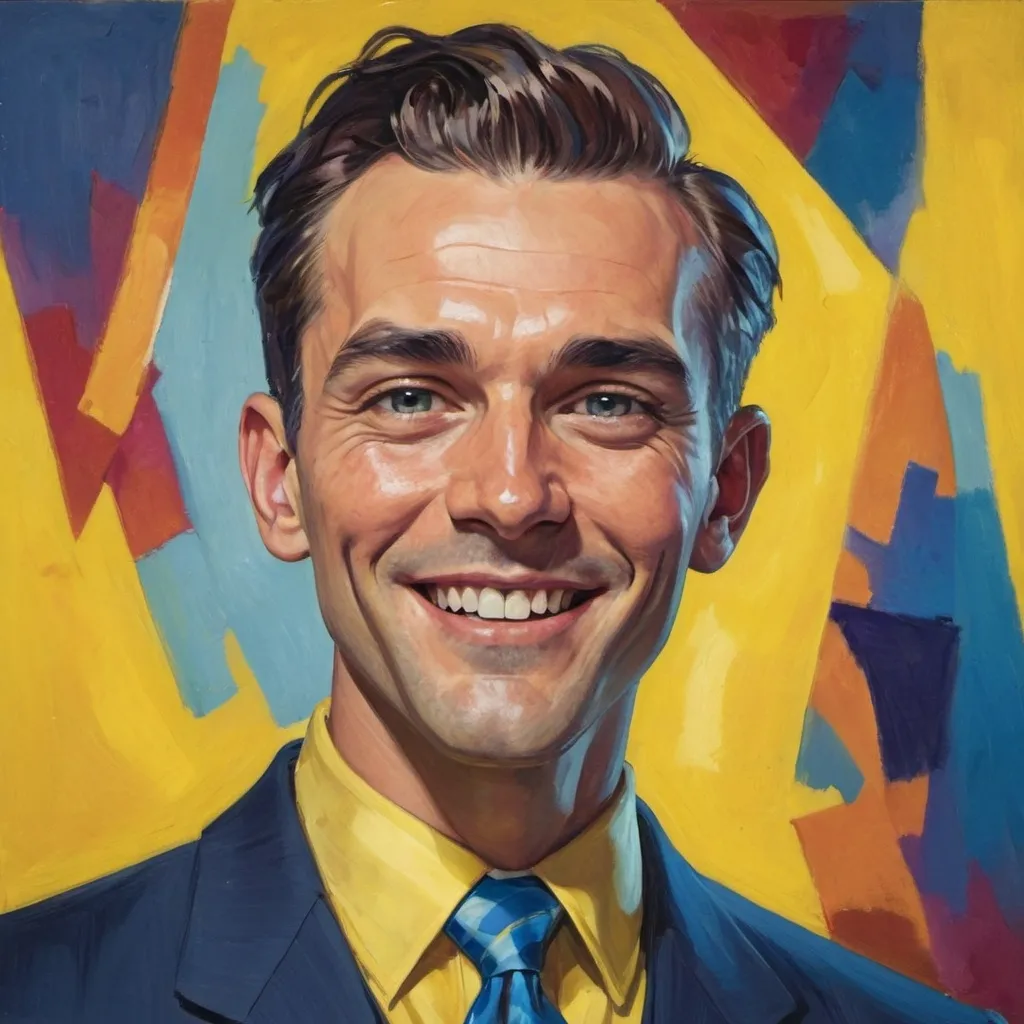 Prompt: Image of a man in a suit and tie with a saccharine smile on his face, with a yellow shirt and blue tie, fauvism, character portrait, a character portrait hair partially parted to the side and widow's peak