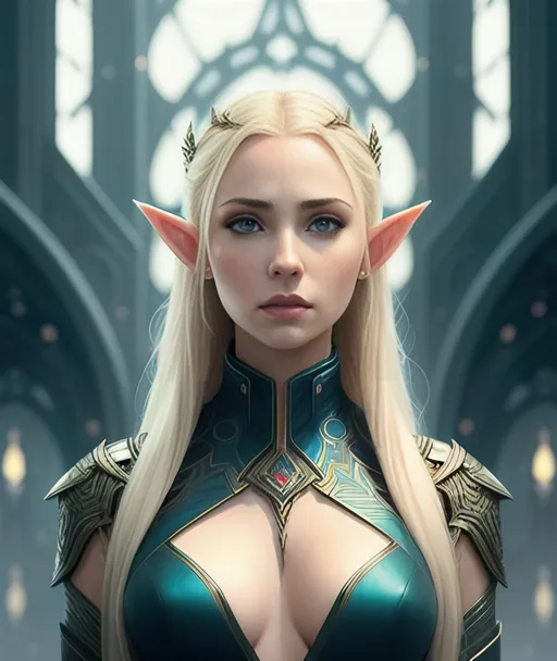 Prompt: beautiful and endowed female Elf monarch, futuristic, science fiction, photorealistic painting by greg rutkowski, Intricate, High Detail, Sharp focus, dramatic, portrait, professional