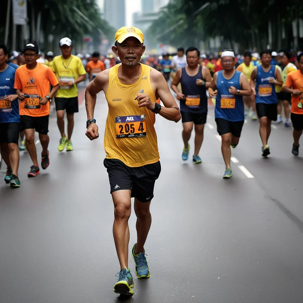 Prompt: a Malay man wearing sportswear participates in a marathon event in Kuala Lumpur