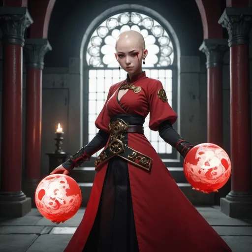 Prompt: Style: Anime, comic book, fantasy industrial  Colors: Vivid, red dominant  Mood: Revolutionary  Resolution: 4k  Format: JPEG  Image:  Zakura is bald. She is wearing a large, red dress. The outfit has gold decorations. Her face is determined and revolutionary, ready for battle. In the background is a dark room with Gothic elements. The floor of the room is simple concrete, and there are small windows on the walls that do not let in any light. Zakura is holding a red, spherical spell in her hands, ready for battle. The room is full of rebels who look at Zakura with hope.
