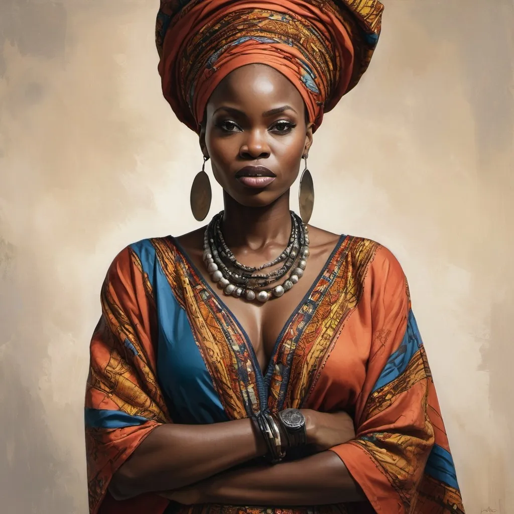 Prompt: An artistic portrait of an african woman in modern clothing, exuding strength and elegance.