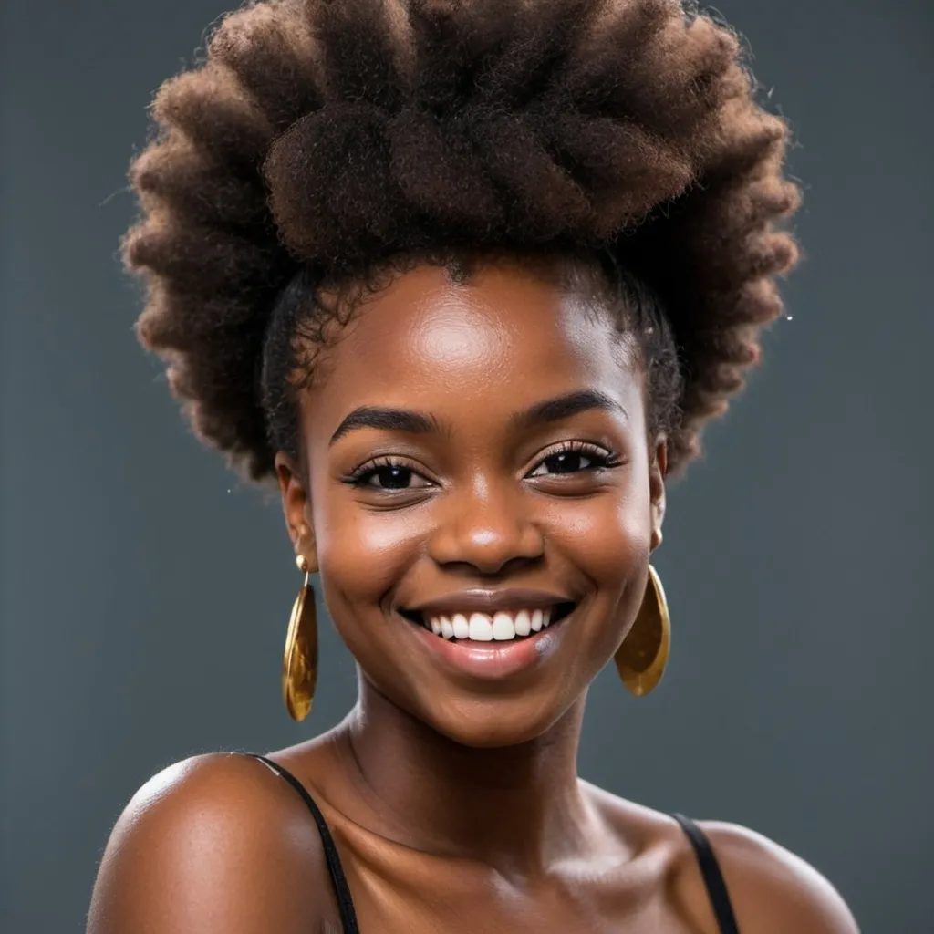 Prompt: African dark skin woman with afro puff hair and smiling