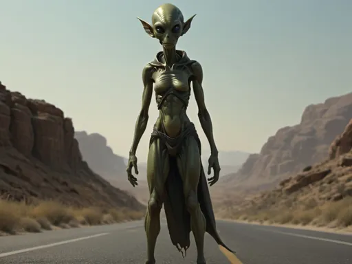 Prompt: an alien standing on the edge of the road in a cinematic setting

