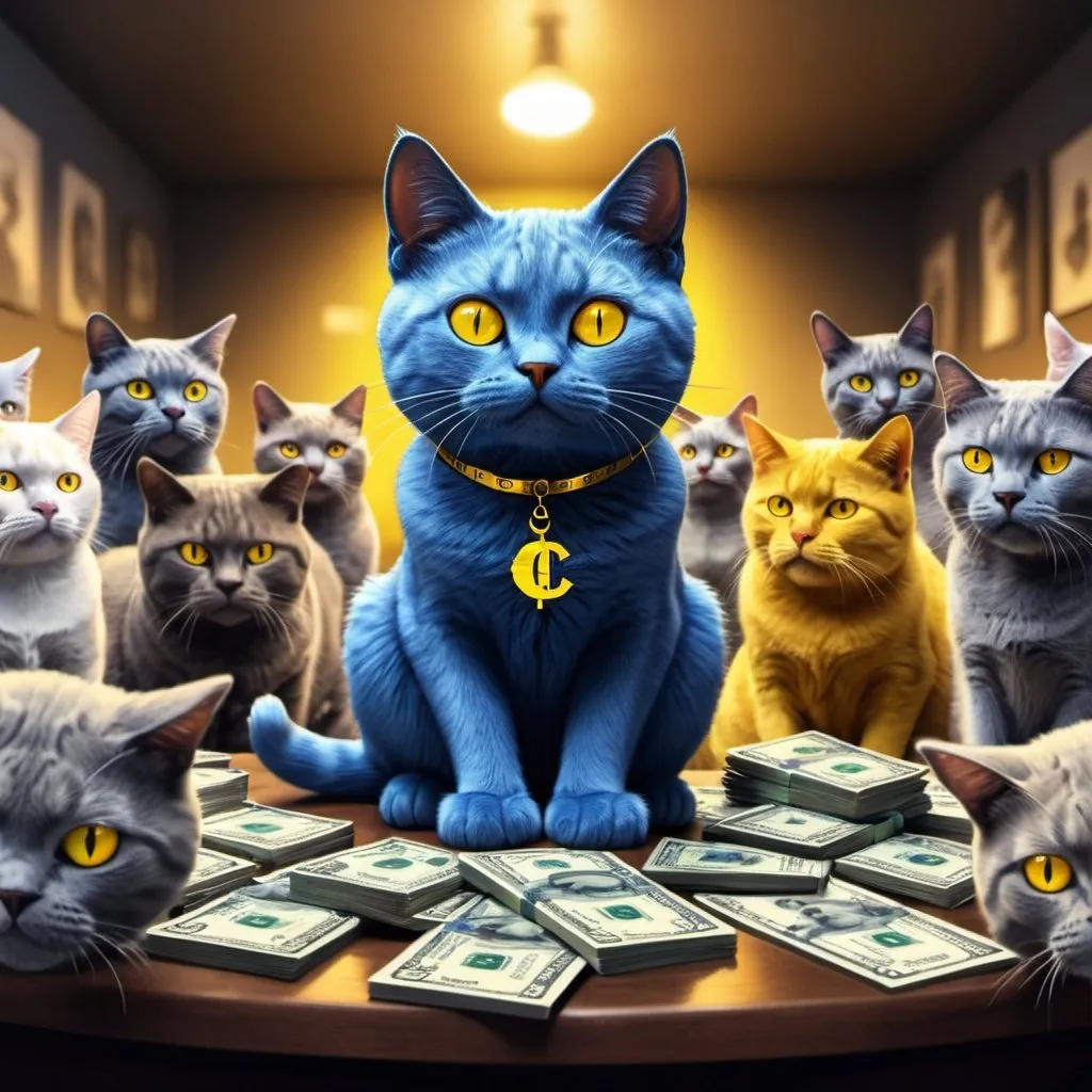 Prompt: Blue cat with yellow eye with with a lot of cats in background Rich sitting on a table trading crypto in background winning thousand dollars