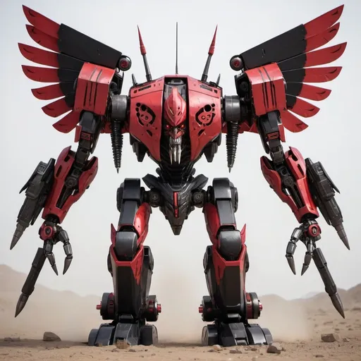 Prompt: A war robot with eight legs and six weapons, two arms with canons, red and black paint, a pair of wings, two propulsors in the back, and an evil face like Megatron.