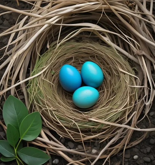 Prompt: "A natural bird's nest made of intertwined straw and grass, resting on a bed of pebbles, containing three vibrant blue eggs. Nearby, a small cluster of green leaves adds a touch of life and color to the scene. The composition has a gentle, earthy atmosphere with realistic textures in the nest and eggs, capturing a peaceful moment in nature."