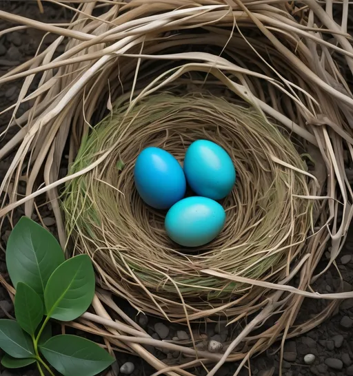 Prompt: three blue eggs in a nest on the ground next to a green leafy plant and a green leaf, Elaine Duillo, ecological art, birds, a raytraced image