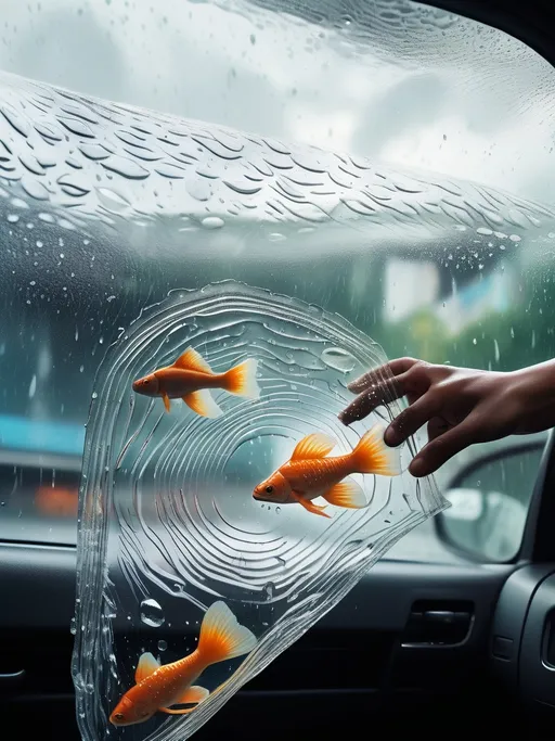 Prompt: (person holding a bag with fish inside, outside of a car window, raindrop on glass), (ridged patterns of water collected on the window), (photorealistic), (Abidin Dino-inspired), (art photography), (highly detailed), dramatic lighting, rainy atmosphere, vibrant reflections, (holographic elements), captivating composition, emotional depth, high quality.