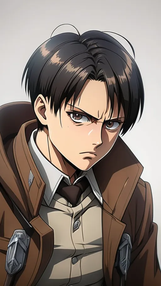 Prompt: "A close-up anime-style portrait of Levi Ackerman from Attack on Titan. He has a serious, intense expression, with piercing gray eyes that reflect his stoic and determined nature. His short, dark hair is styled neatly, framing his face with a few strands falling forward. He wears the iconic Survey Corps uniform: a brown jacket with the Survey Corps emblem, a white cravat around his neck, and a green cloak draped over his shoulders. The background is minimalist, focusing attention on Levi's unwavering, steely gaze, capturing his strength and dedication as humanity’s strongest soldier."