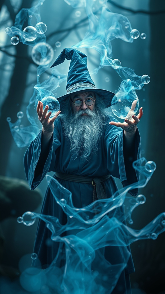 Prompt: Mystical Wizard casting a bubble spell