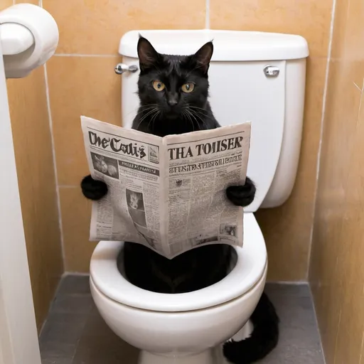 Prompt: Cat sitting on the toilet reading a newspaper staring at the camera
