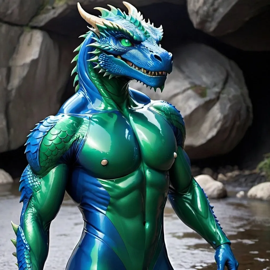 Prompt: Blue Body, Dragon, Green Eyes, Cartoon, Muscular, Wet, Latex Bodysuit