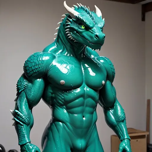 Prompt: Blue Body, Dragon, Green Eyes, Cartoon, Muscular, Wet, Latex Bodysuit, Flexing Muscles