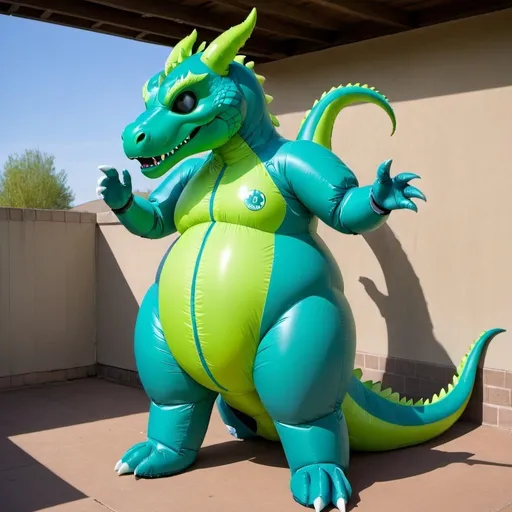 Prompt: Blue and Green Body, Dragon, Cartoon, Inflatable, Pooltoy, Big Belly, Massive Tail, Large Tail, Inflatable Tail, Large Stomach, Wet, Latex Bodysuit, Tight Suit, Female Body, Wetsuit, Gigantic Tail, Enormous Tail, High Quality, Inflatable Tail, Blown Up Tail, Blown Up Body, Overinflated, Enormous Body, Hazmat Suit, Hazmat Outfit, Gas Mask