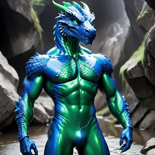 Prompt: Blue Body, Dragon, Green Eyes, Cartoon, Muscular, Wet, Latex Bodysuit